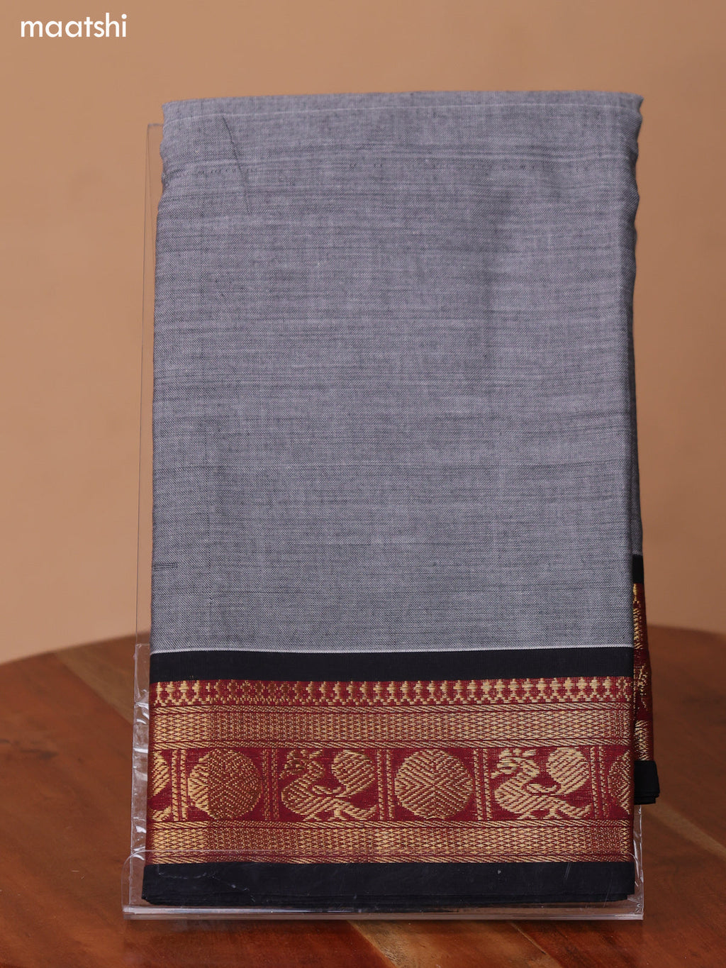 Grey and Black Narayanpet Cotton Dress Material With Plain Body & Zari Woven Border and Running Bottom & Dupatta