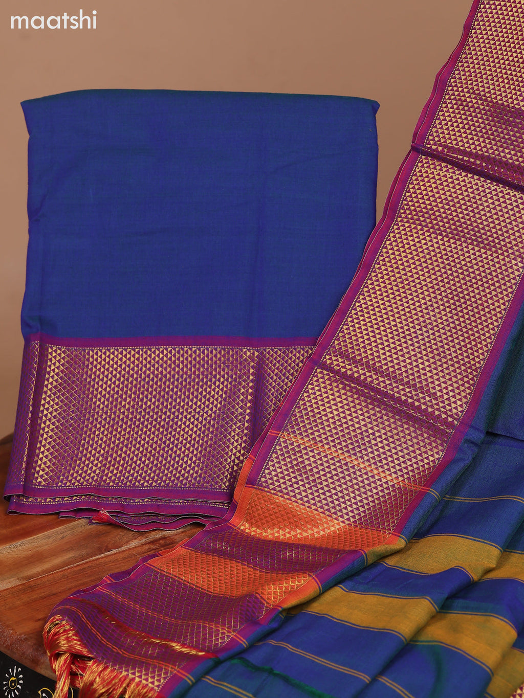 Dual Shade Of Peacock Blue and Dual Shade Of Magenta Pink Narayanpet Cotton Dress Material With Plain Body & Zari Woven Border and Running Bottom & Dupatta