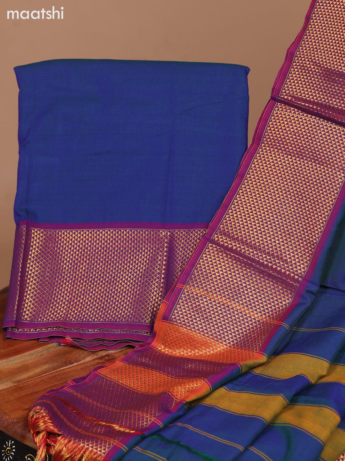 Dual Shade Of Peacock Blue and Dual Shade Of Magenta Pink Narayanpet Cotton Dress Material With Plain Body & Zari Woven Border and Running Bottom & Dupatta