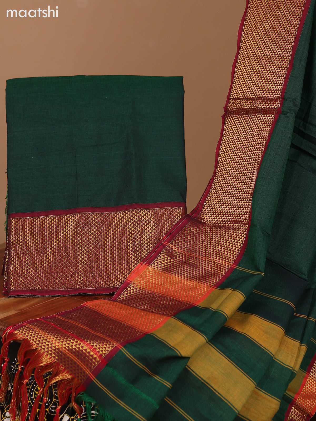 Green and Maroon Narayanpet Cotton Dress Material With Plain Body & Zari Woven Border and Running Bottom & Dupatta