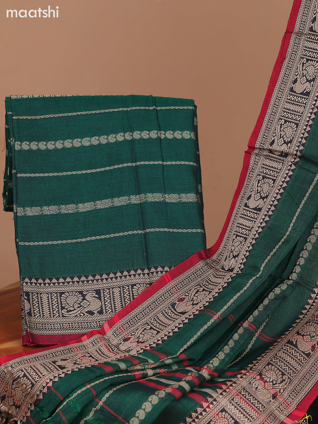 Green and Maroon Narayanpet Cotton Dress Material With Plain Body & Thread Woven Border and Running Bottom & Dupatta