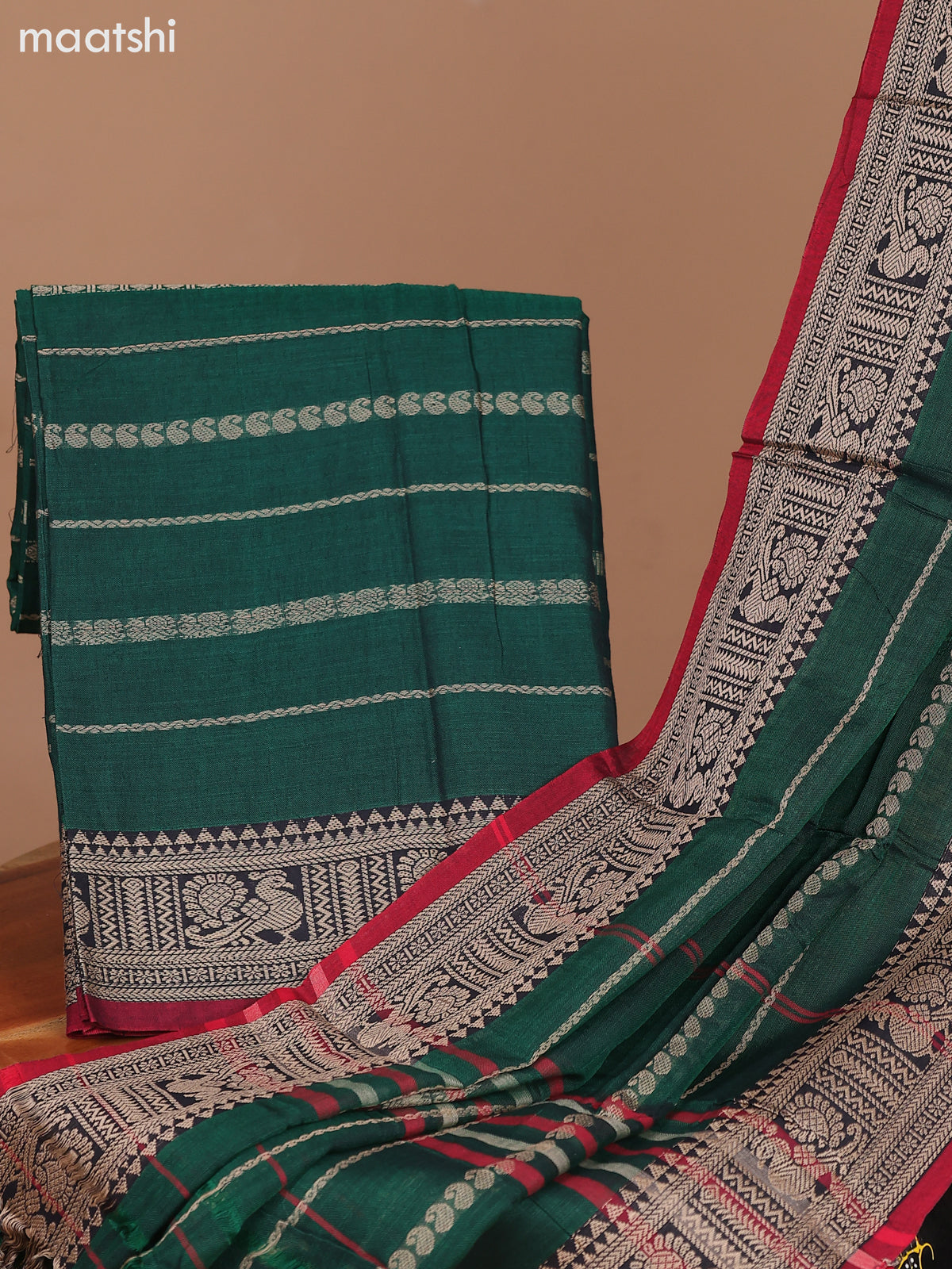Green and Maroon Narayanpet Cotton Dress Material With Plain Body & Thread Woven Border and Running Bottom & Dupatta