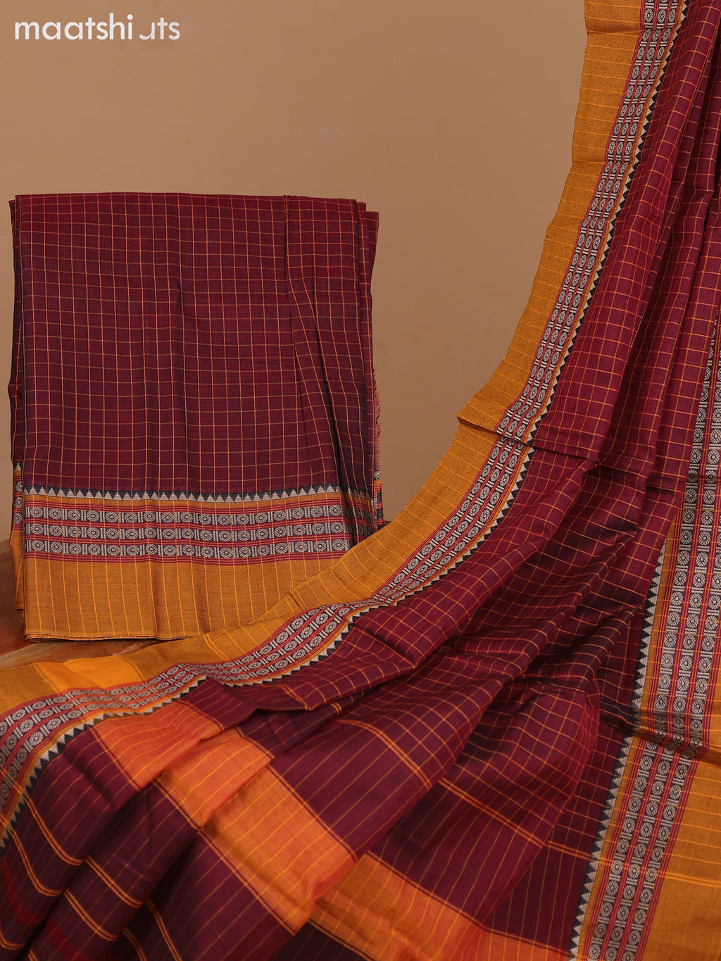Maroon and Mustard Narayanpet Cotton Dress Material With Checks Pattern & Thread Woven Border and Running Bottom & Dupatta