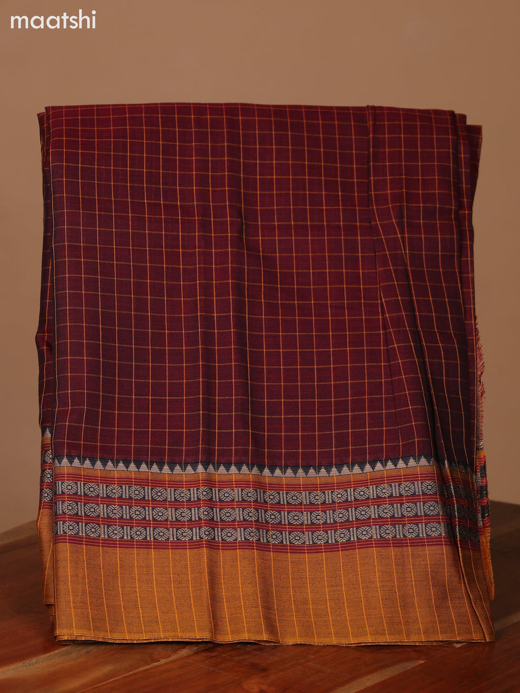 Maroon and Mustard Narayanpet Cotton Dress Material With Checks Pattern & Thread Woven Border and Running Bottom & Dupatta