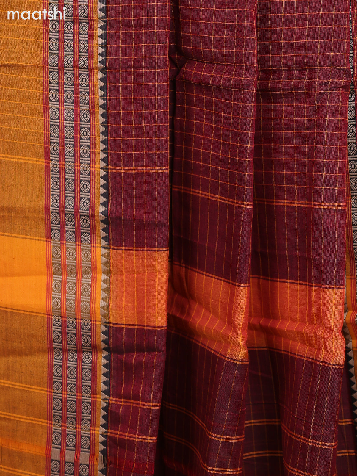 Maroon and Mustard Narayanpet Cotton Dress Material With Checks Pattern & Thread Woven Border and Running Bottom & Dupatta