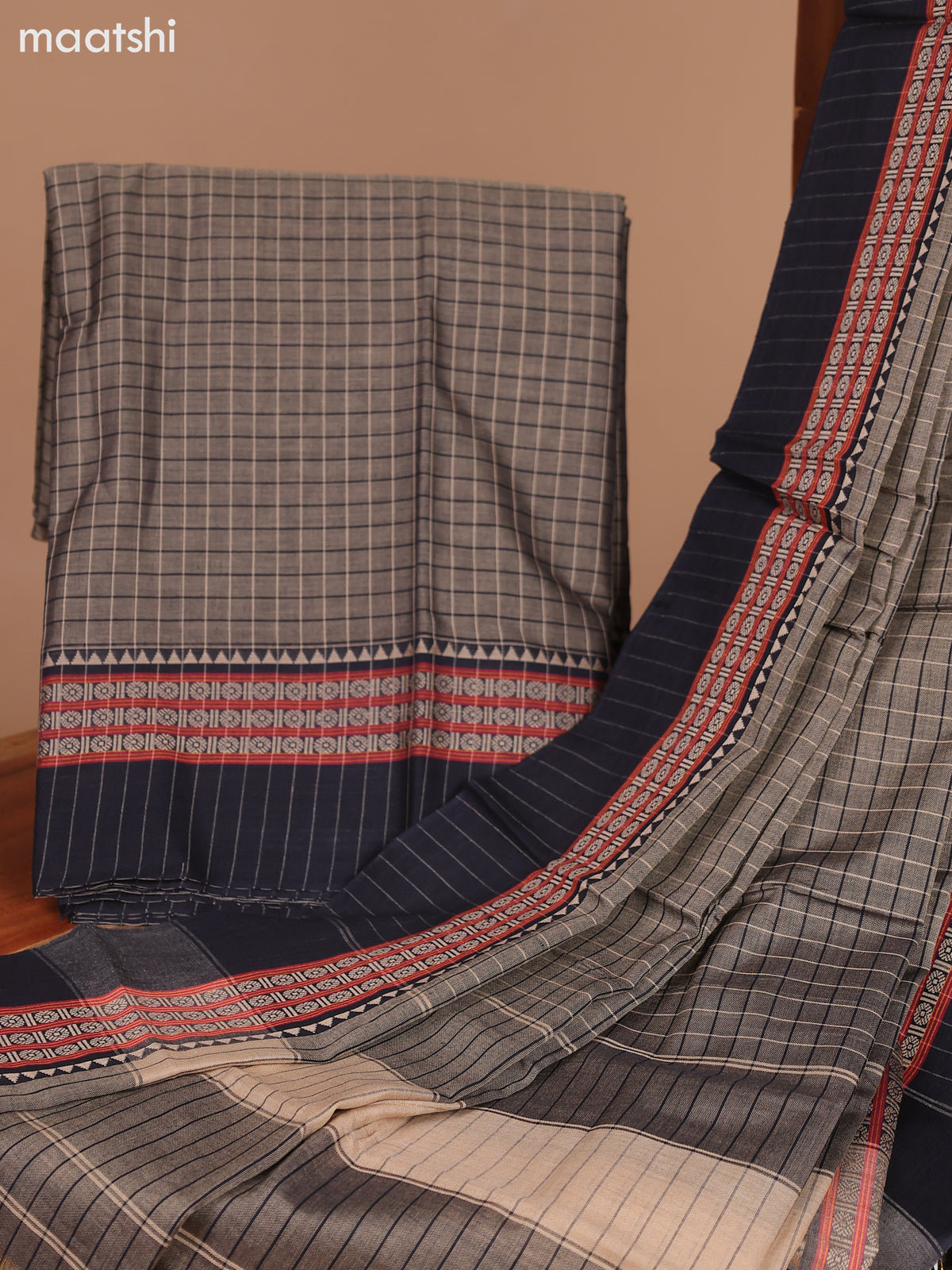 Dual Shade Of Biege and Black Narayanpet Cotton Dress Material With Checks Pattern & Thread Woven Border and Running Bottom & Dupatta