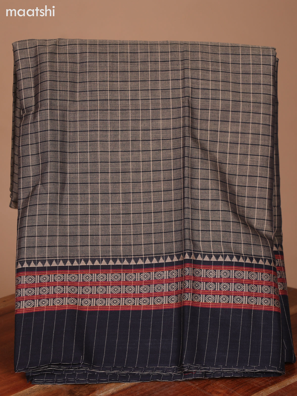 Dual Shade Of Biege and Black Narayanpet Cotton Dress Material With Checks Pattern & Thread Woven Border and Running Bottom & Dupatta
