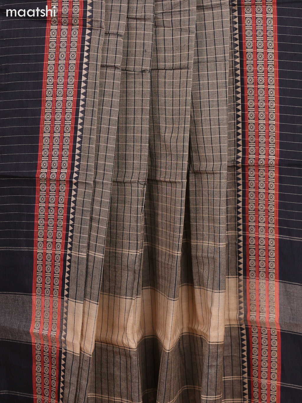 Dual Shade Of Biege and Black Narayanpet Cotton Dress Material With Checks Pattern & Thread Woven Border and Running Bottom & Dupatta