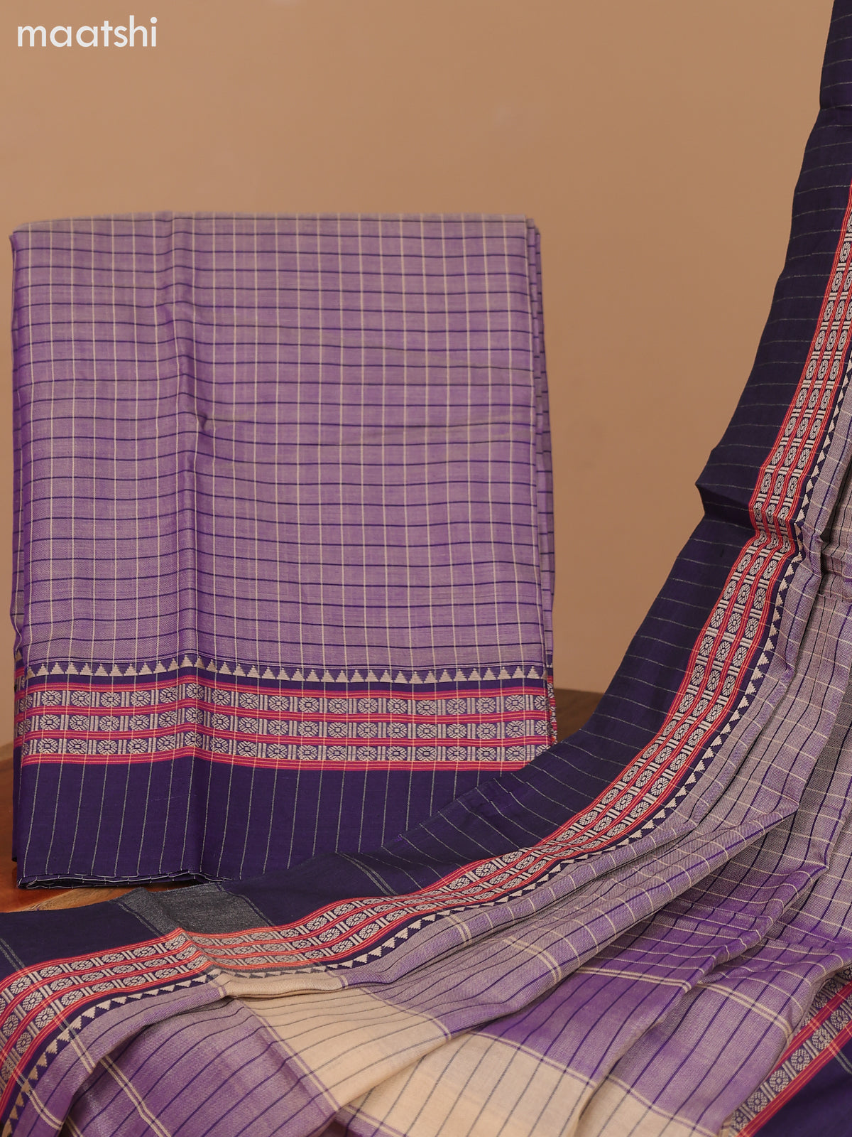 Dual Shade Of Biege and Dark Violet Narayanpet Cotton Dress Material With Checks Pattern & Thread Woven Border and Running Bottom & Dupatta