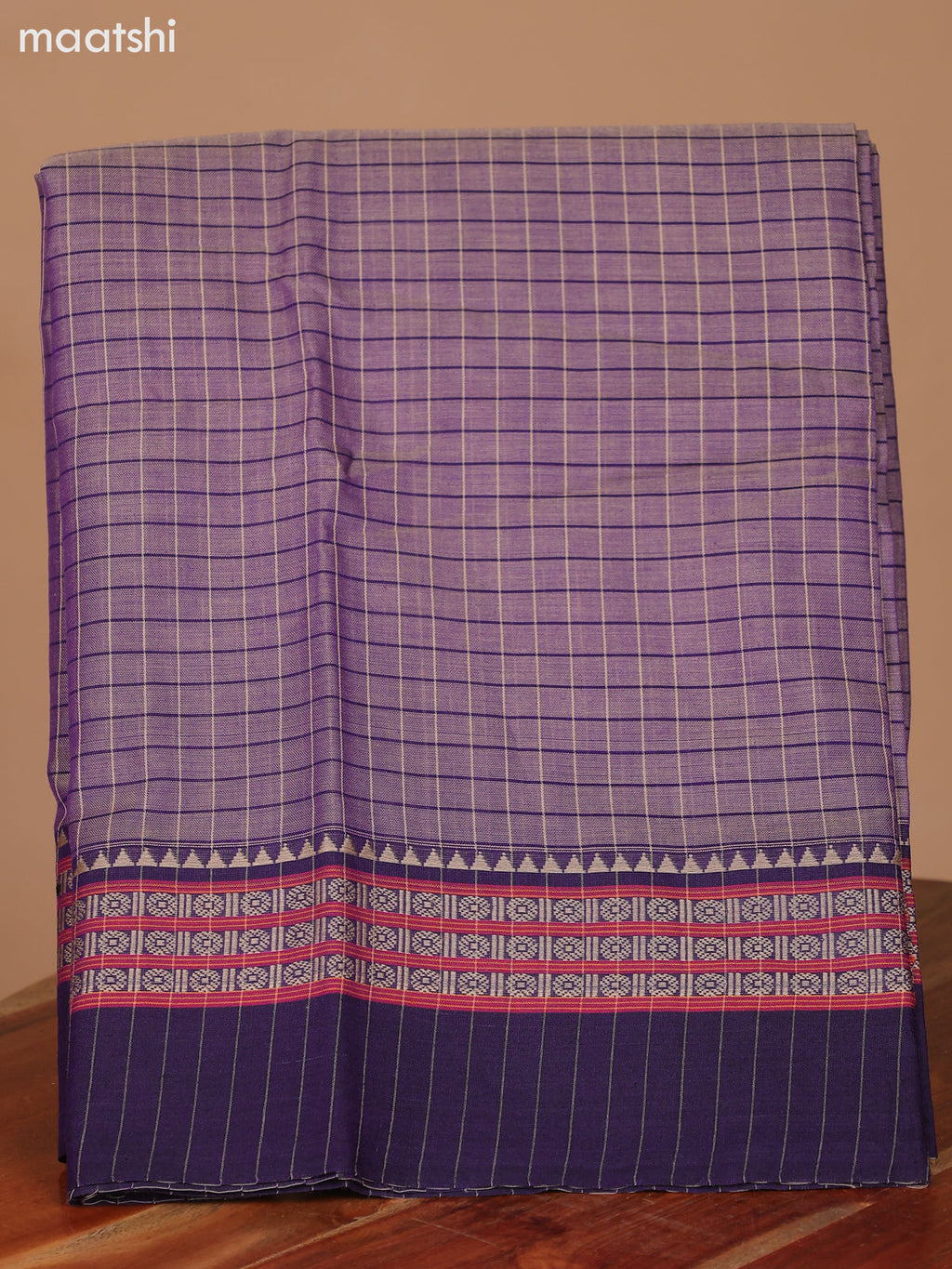 Dual Shade Of Biege and Dark Violet Narayanpet Cotton Dress Material With Checks Pattern & Thread Woven Border and Running Bottom & Dupatta