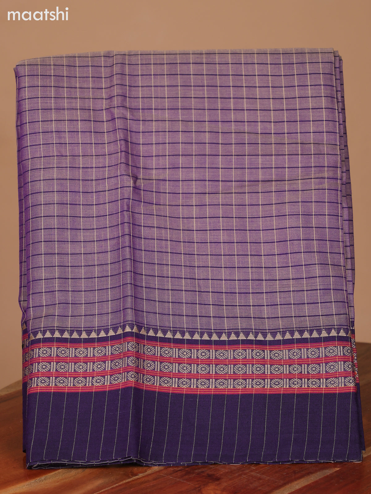 Dual Shade Of Biege and Dark Violet Narayanpet Cotton Dress Material With Checks Pattern & Thread Woven Border and Running Bottom & Dupatta
