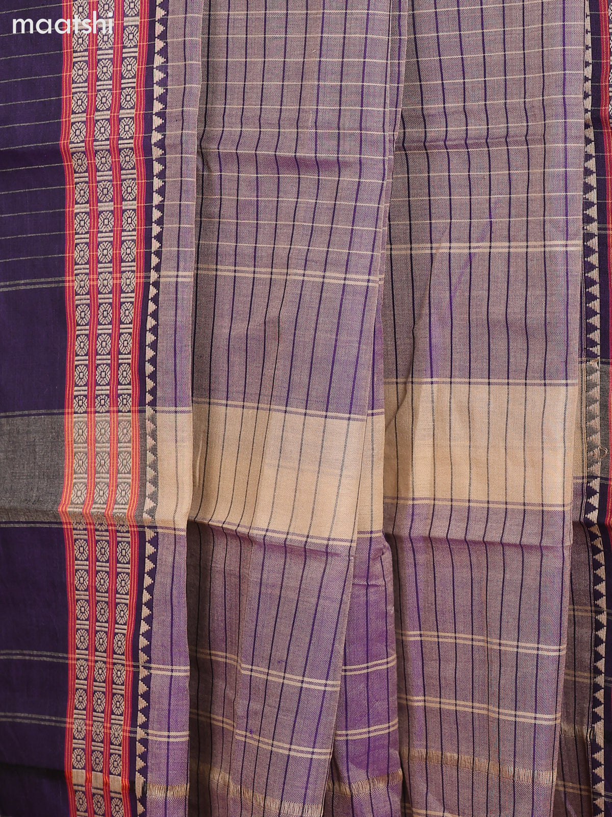 Dual Shade Of Biege and Dark Violet Narayanpet Cotton Dress Material With Checks Pattern & Thread Woven Border and Running Bottom & Dupatta