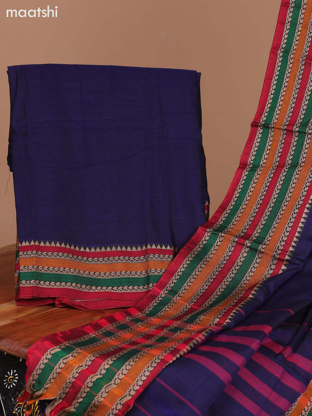 Navy Blue and Red Narayanpet Cotton Dress Material With Plain Body & Thread Woven Border and Running Bottom & Dupatta
