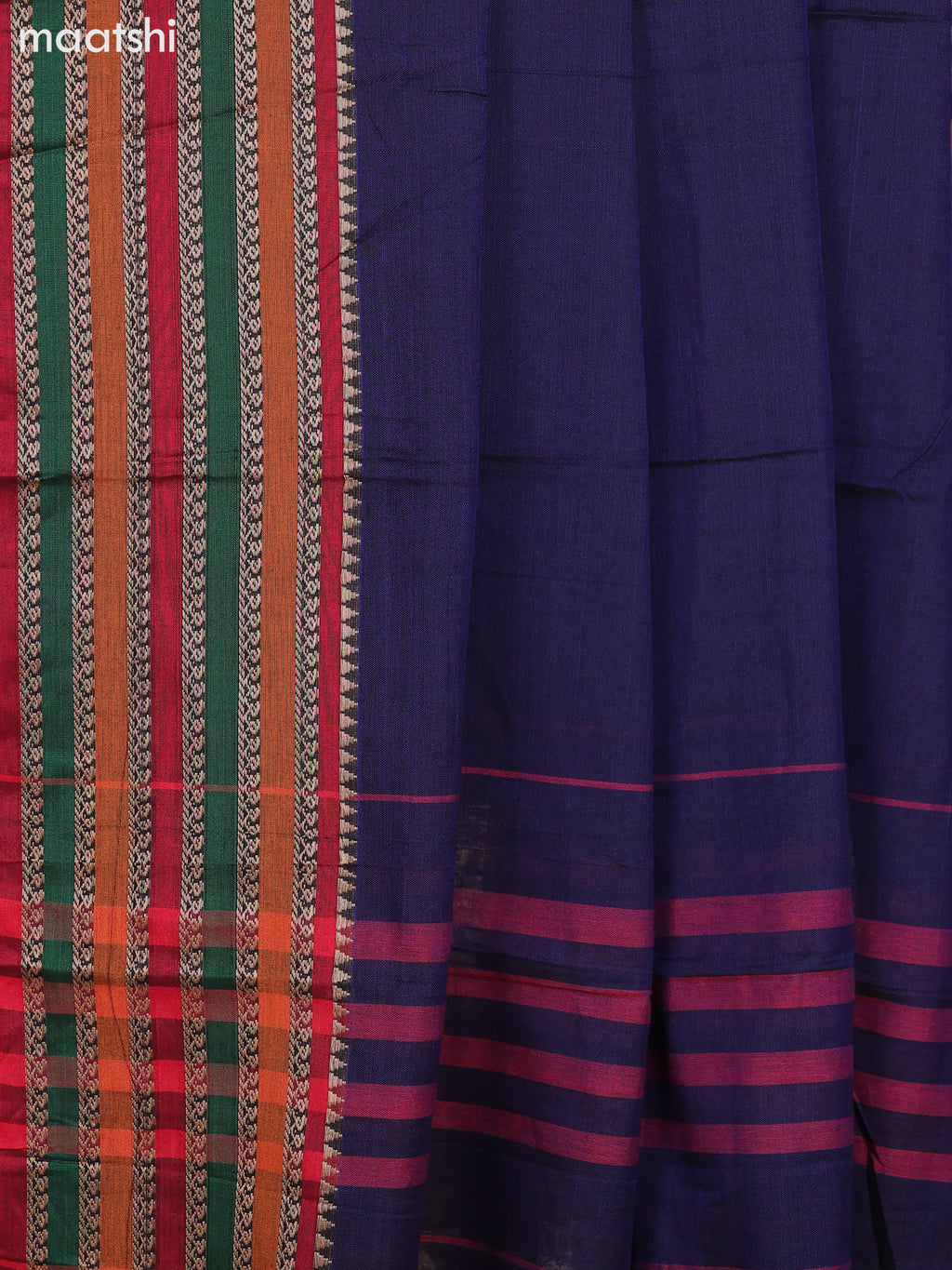 Navy Blue and Red Narayanpet Cotton Dress Material With Plain Body & Thread Woven Border and Running Bottom & Dupatta