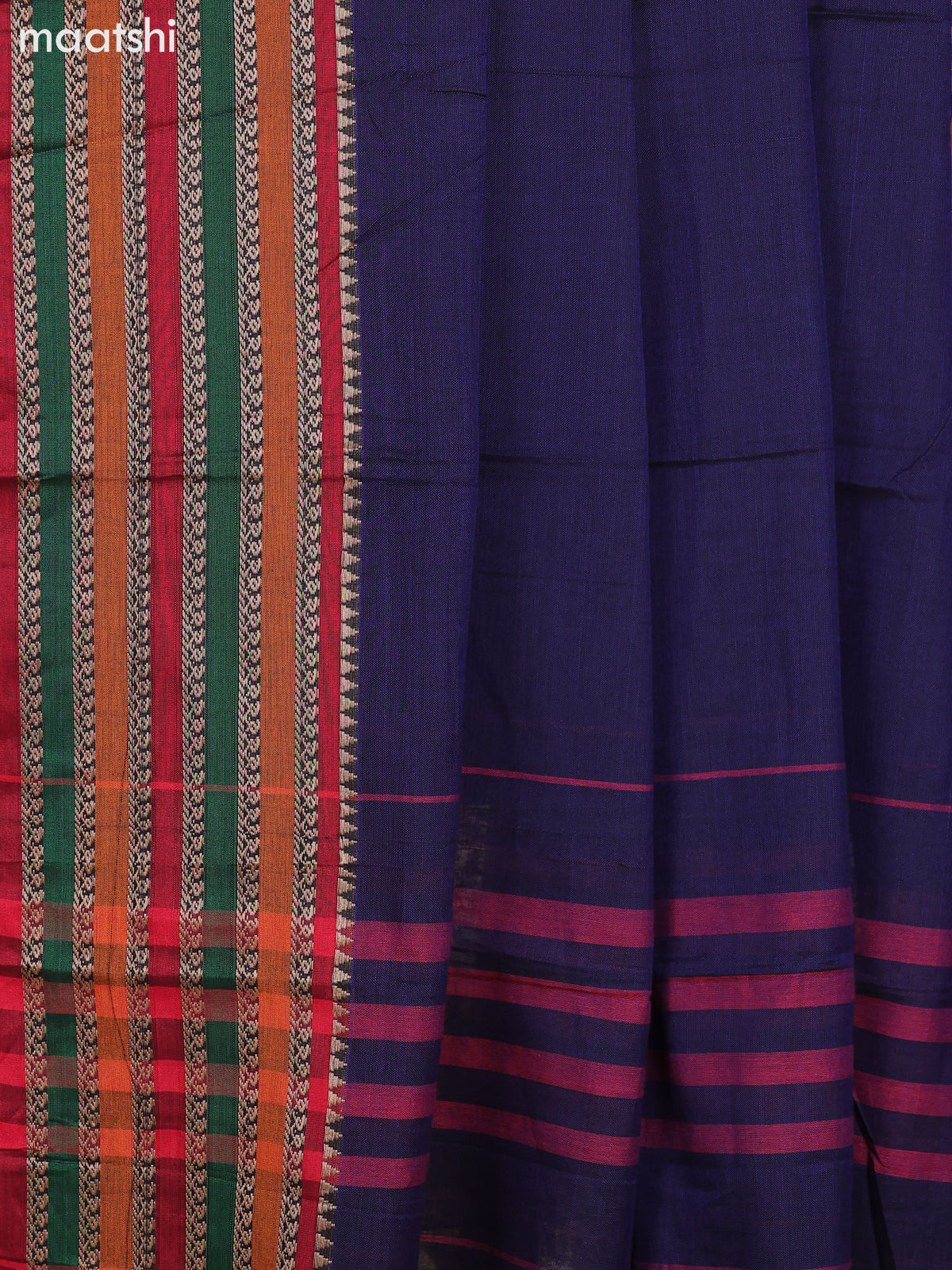 Navy Blue and Red Narayanpet Cotton Dress Material With Plain Body & Thread Woven Border and Running Bottom & Dupatta