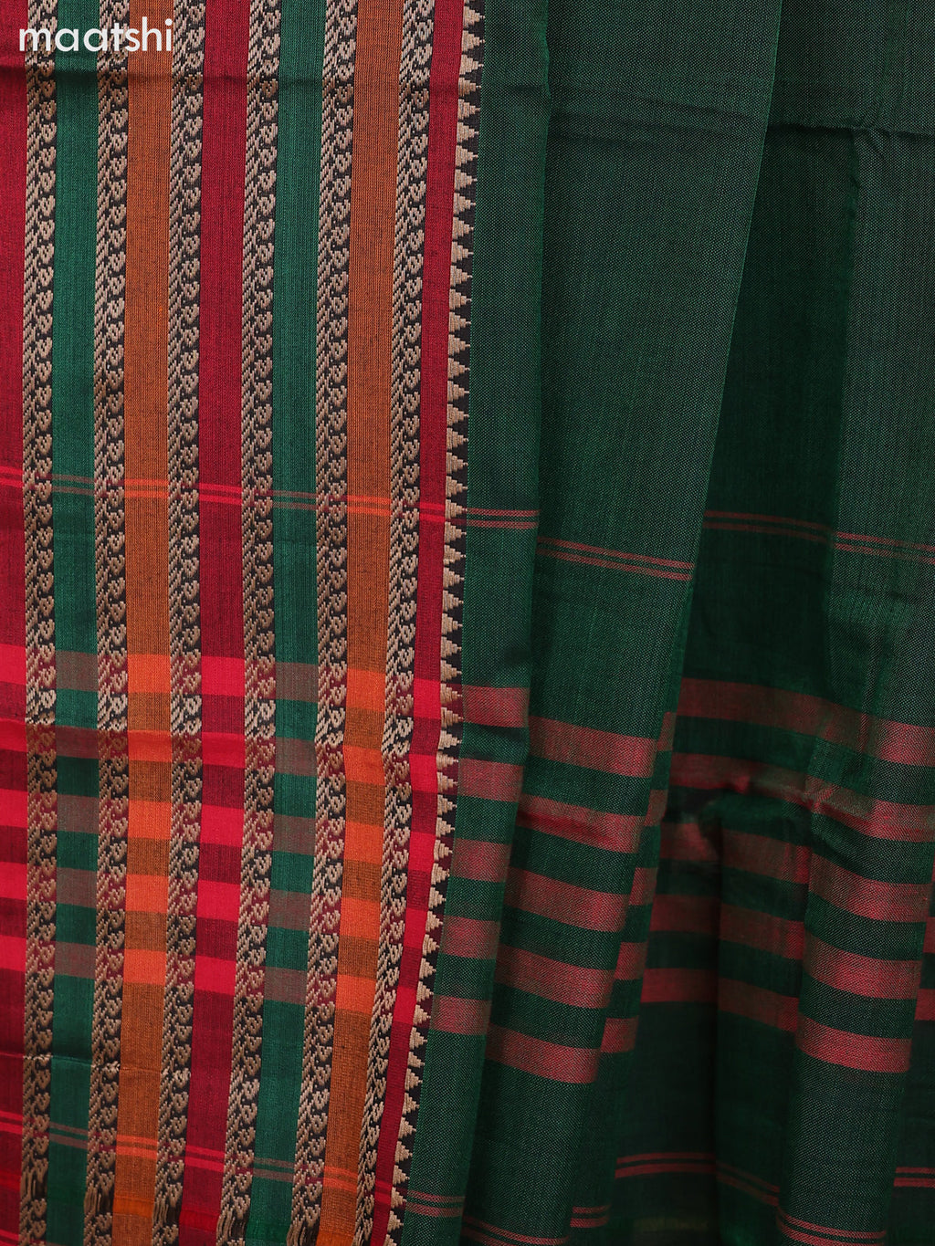 Green and Maroon Narayanpet Cotton Dress Material With Plain Body & Thread Woven Border and Running Bottom & Dupatta