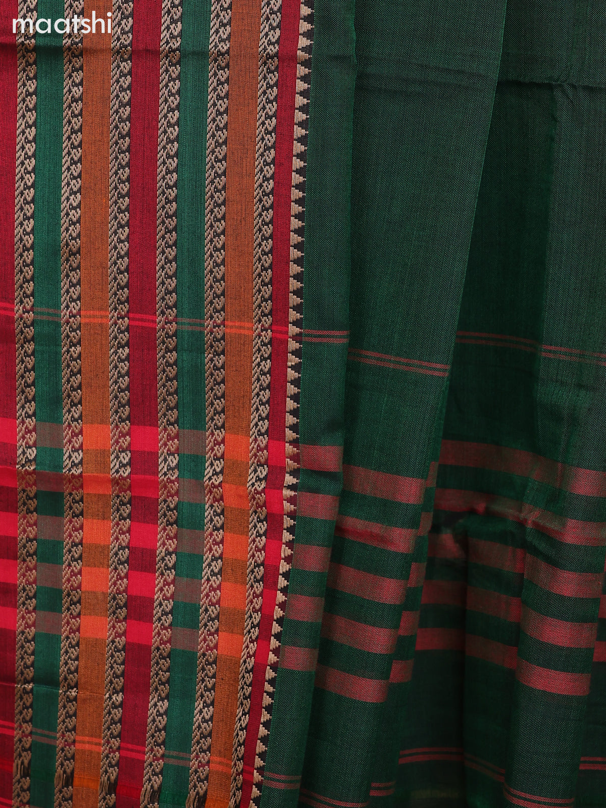 Green and Maroon Narayanpet Cotton Dress Material With Plain Body & Thread Woven Border and Running Bottom & Dupatta