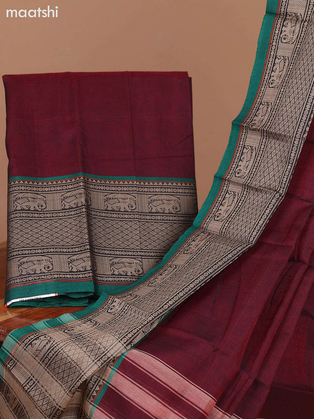 Dual Shade Of Maroon and Green Narayanpet Cotton Dress Material With Plain Body & Thread Woven Border and Running Bottom & Dupatta