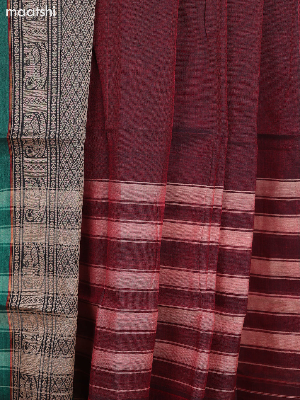 Dual Shade Of Maroon and Green Narayanpet Cotton Dress Material With Plain Body & Thread Woven Border and Running Bottom & Dupatta
