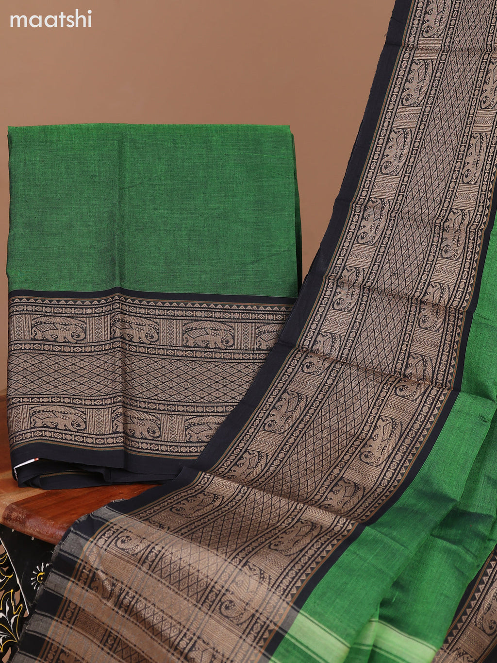 Dual Shade Of Green and Black Narayanpet Cotton Dress Material With Plain Body & Thread Woven Border and Running Bottom & Dupatta