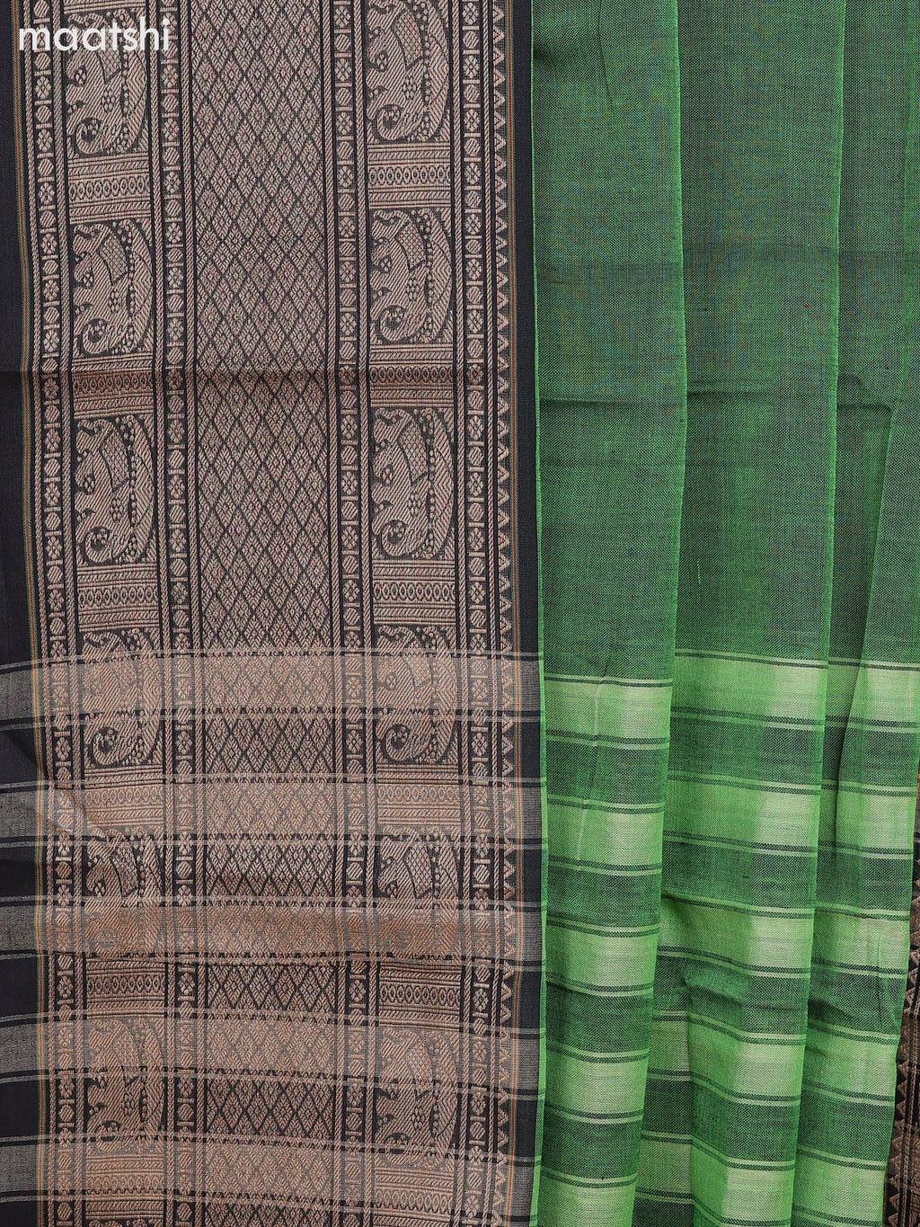 Dual Shade Of Green and Black Narayanpet Cotton Dress Material With Plain Body & Thread Woven Border and Running Bottom & Dupatta