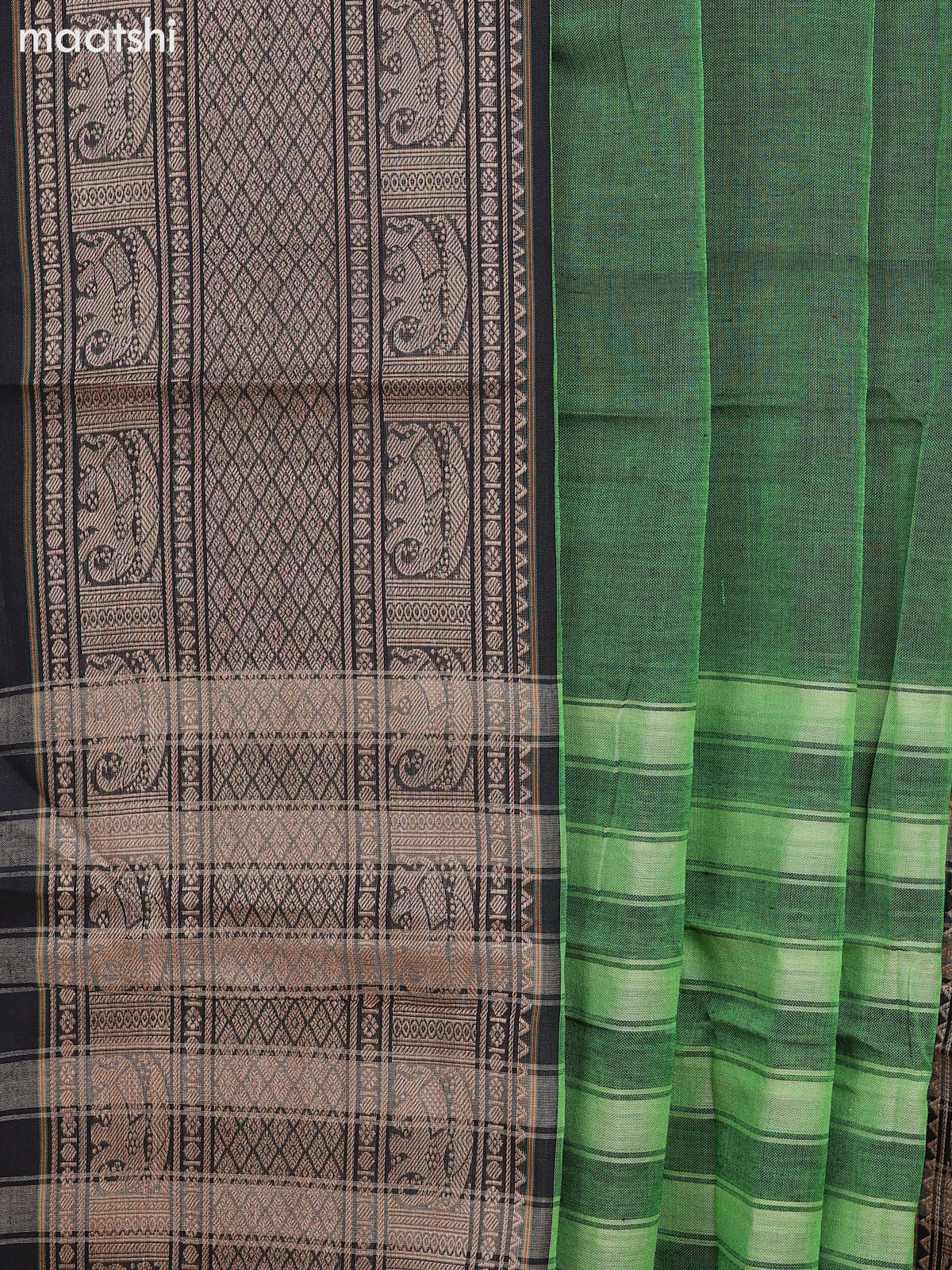 Dual Shade Of Green and Black Narayanpet Cotton Dress Material With Plain Body & Thread Woven Border and Running Bottom & Dupatta