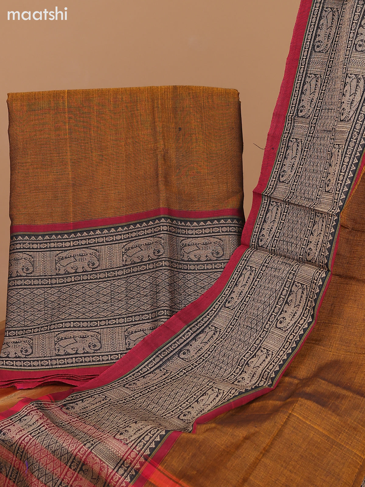 Dual Shade Of Mustard and Maroon Narayanpet Cotton Dress Material With Plain Body & Thread Woven Border and Running Bottom & Dupatta