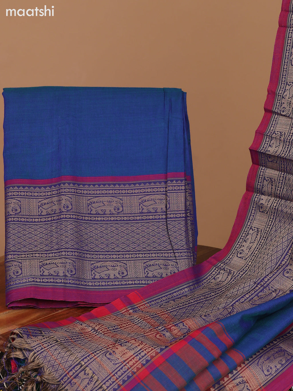 Dual Shade Of Peacock Blue and Magenta Pink Narayanpet Cotton Dress Material With Plain Body & Thread Woven Border and Running Bottom & Dupatta