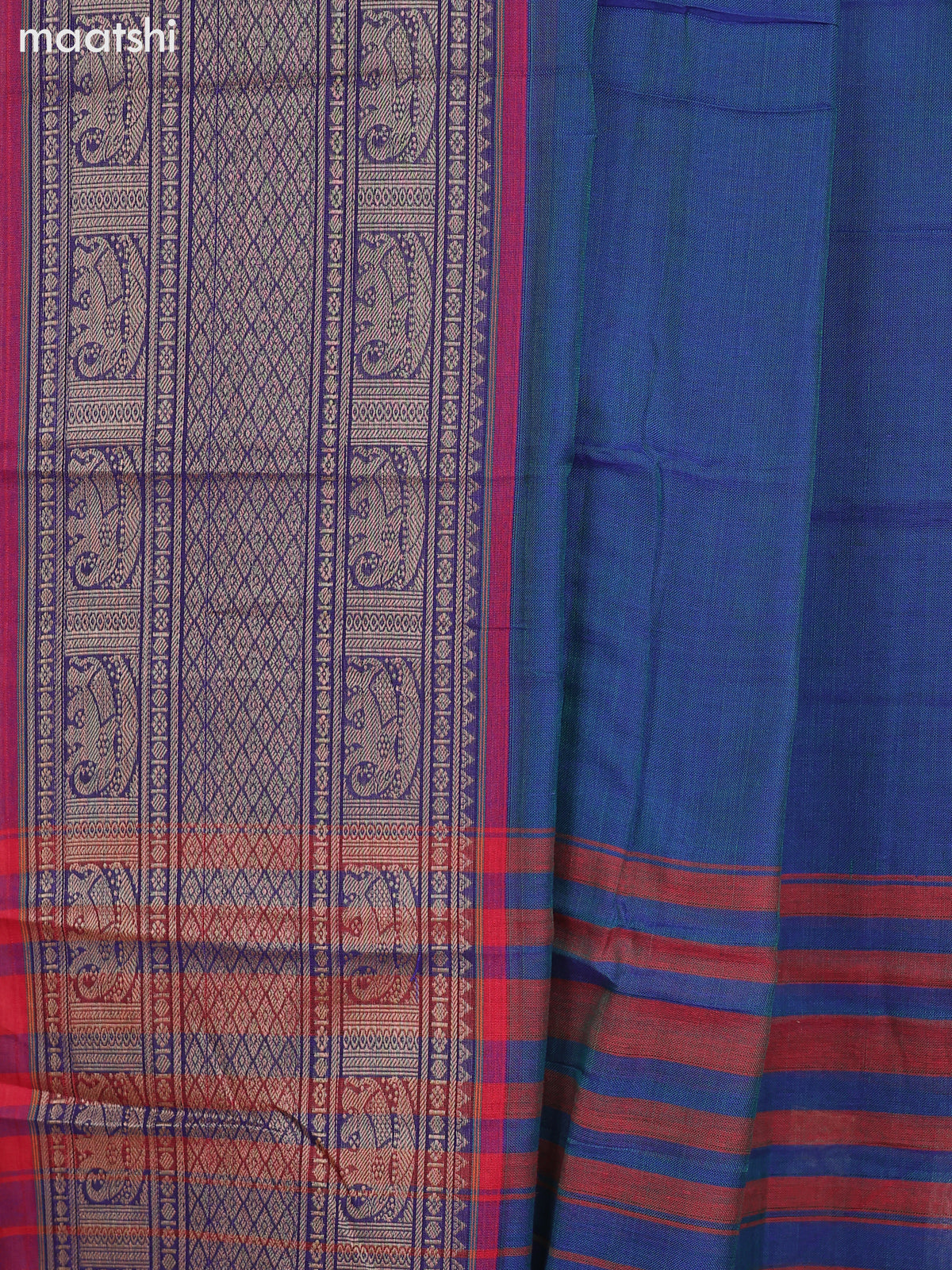Dual Shade Of Peacock Blue and Magenta Pink Narayanpet Cotton Dress Material With Plain Body & Thread Woven Border and Running Bottom & Dupatta