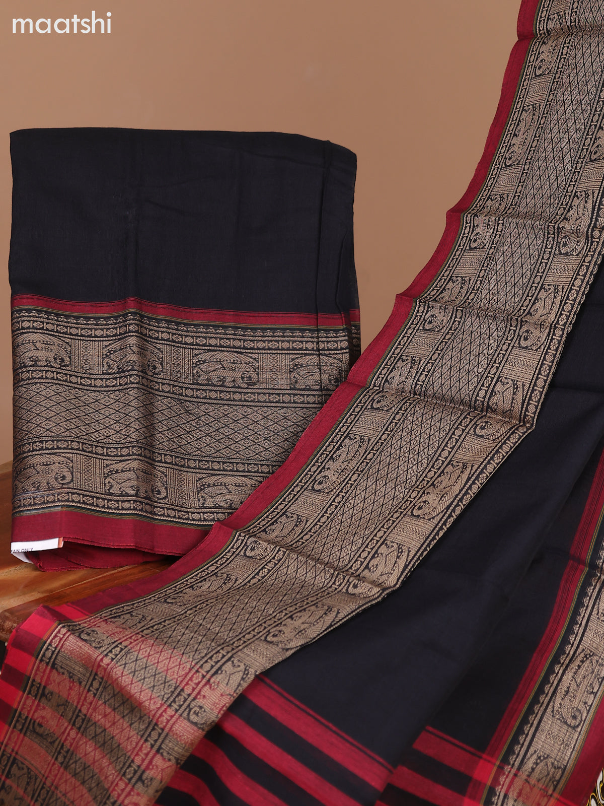 Black and Maroon Narayanpet Cotton Dress Material With Plain Body & Thread Woven Border and Running Bottom & Dupatta