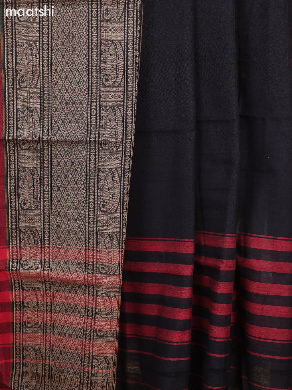 Black and Maroon Narayanpet Cotton Dress Material With Plain Body & Thread Woven Border and Running Bottom & Dupatta