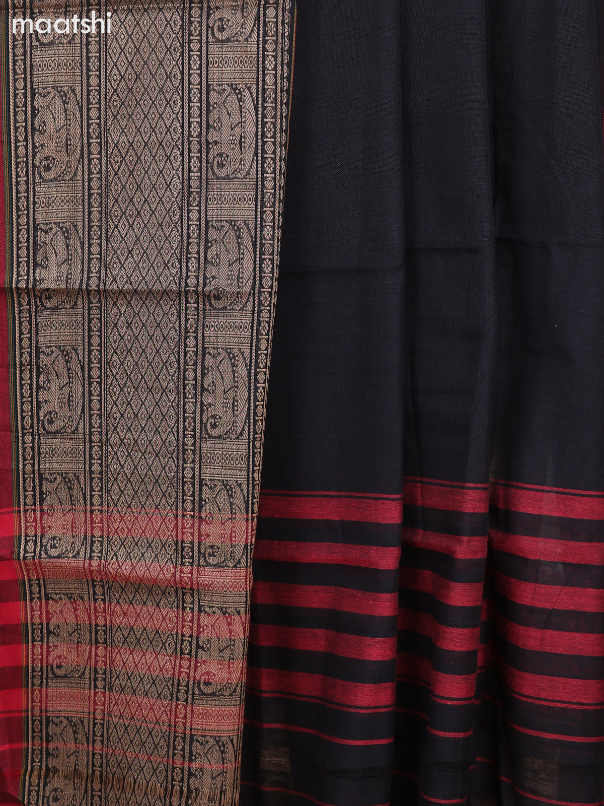 Black and Maroon Narayanpet Cotton Dress Material With Plain Body & Thread Woven Border and Running Bottom & Dupatta