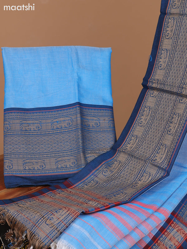 Dual Shade Of Pale Blue and Peacock Blue Narayanpet Cotton Dress Material With Plain Body & Thread Woven Border and Running Bottom & Dupatta