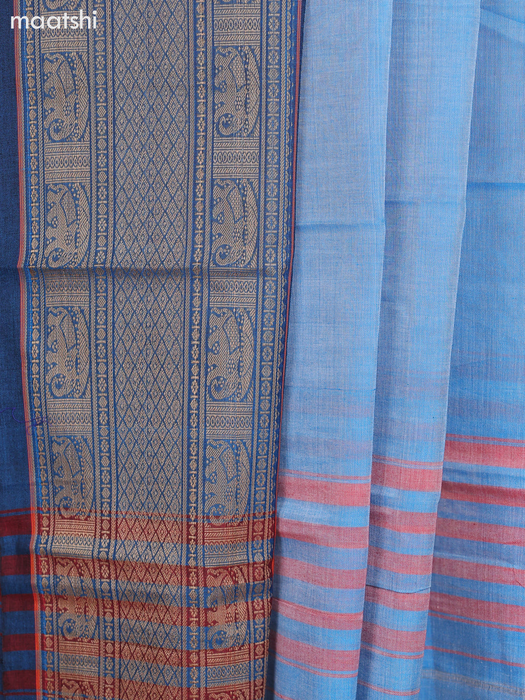 Dual Shade Of Pale Blue and Peacock Blue Narayanpet Cotton Dress Material With Plain Body & Thread Woven Border and Running Bottom & Dupatta
