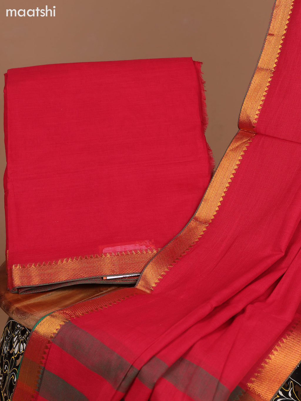 Red and Sap Green Narayanpet Cotton Dress Material With Plain Body & Zari Woven Border Narayanpet Cotton Dress Material With Plain Body & Temple Design and Zari Woven Border