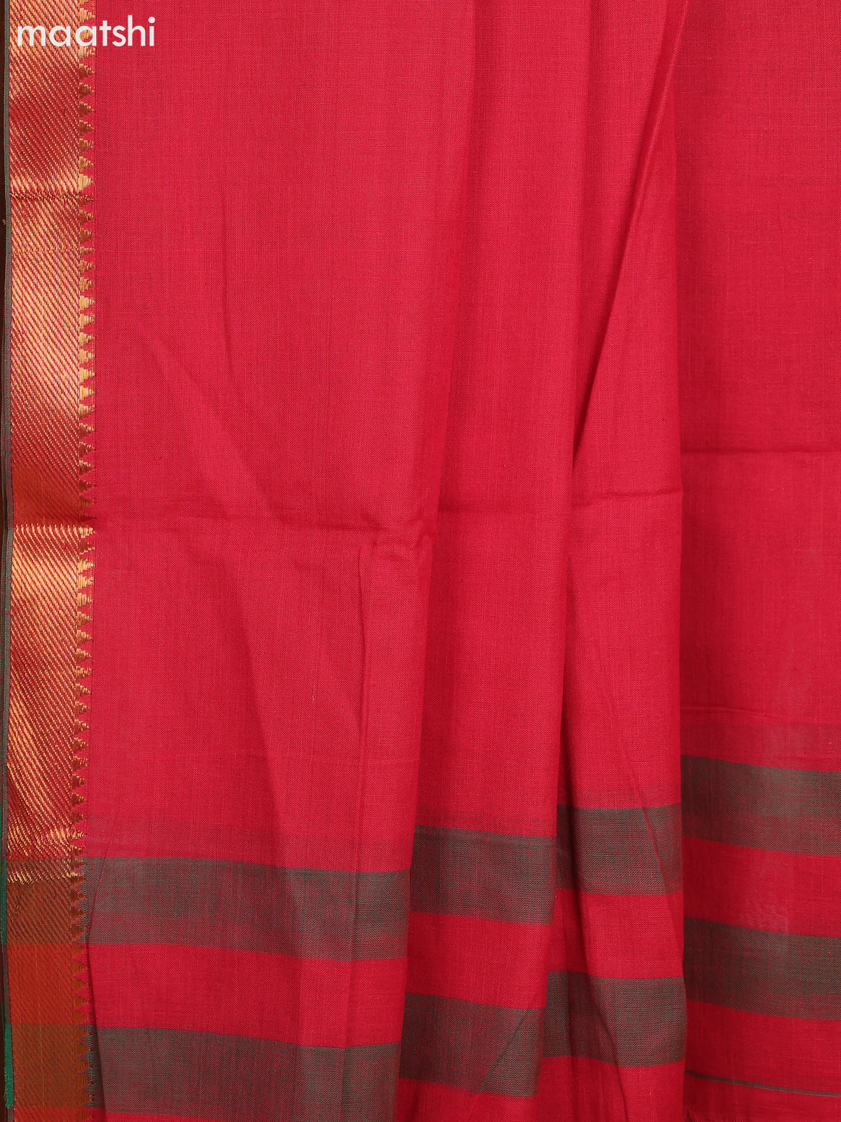 Red and Sap Green Narayanpet Cotton Dress Material With Plain Body & Zari Woven Border Narayanpet Cotton Dress Material With Plain Body & Temple Design and Zari Woven Border