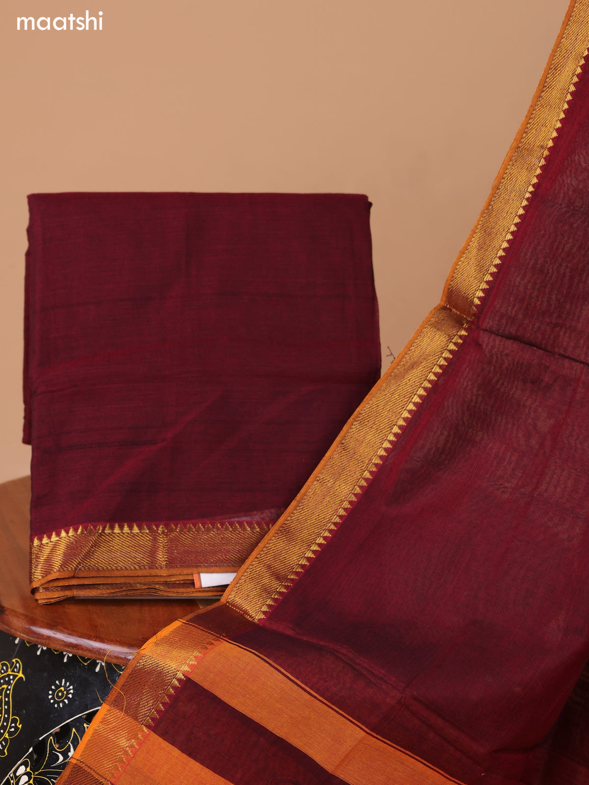 Maroon and Mustard Narayanpet Cotton Dress Material With Plain Body & Zari Woven Border and Running Bottom & Dupatta