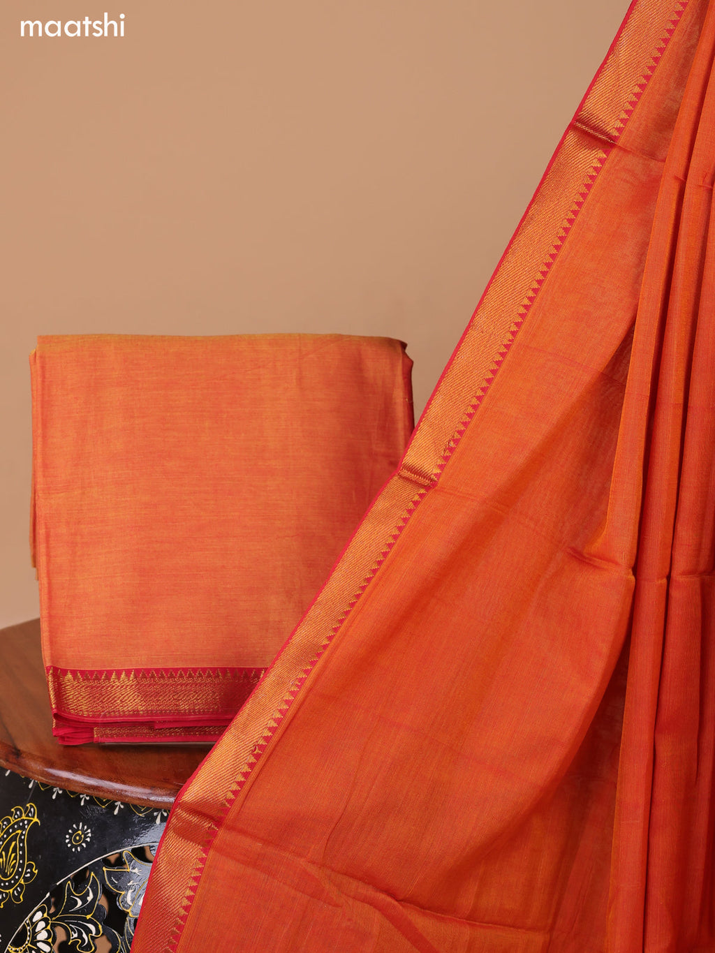 Dual Shade Of Lime Yellow and Red Narayanpet Cotton Dress Material With Plain Body & Zari Woven Border and Running Bottom & Dupatta