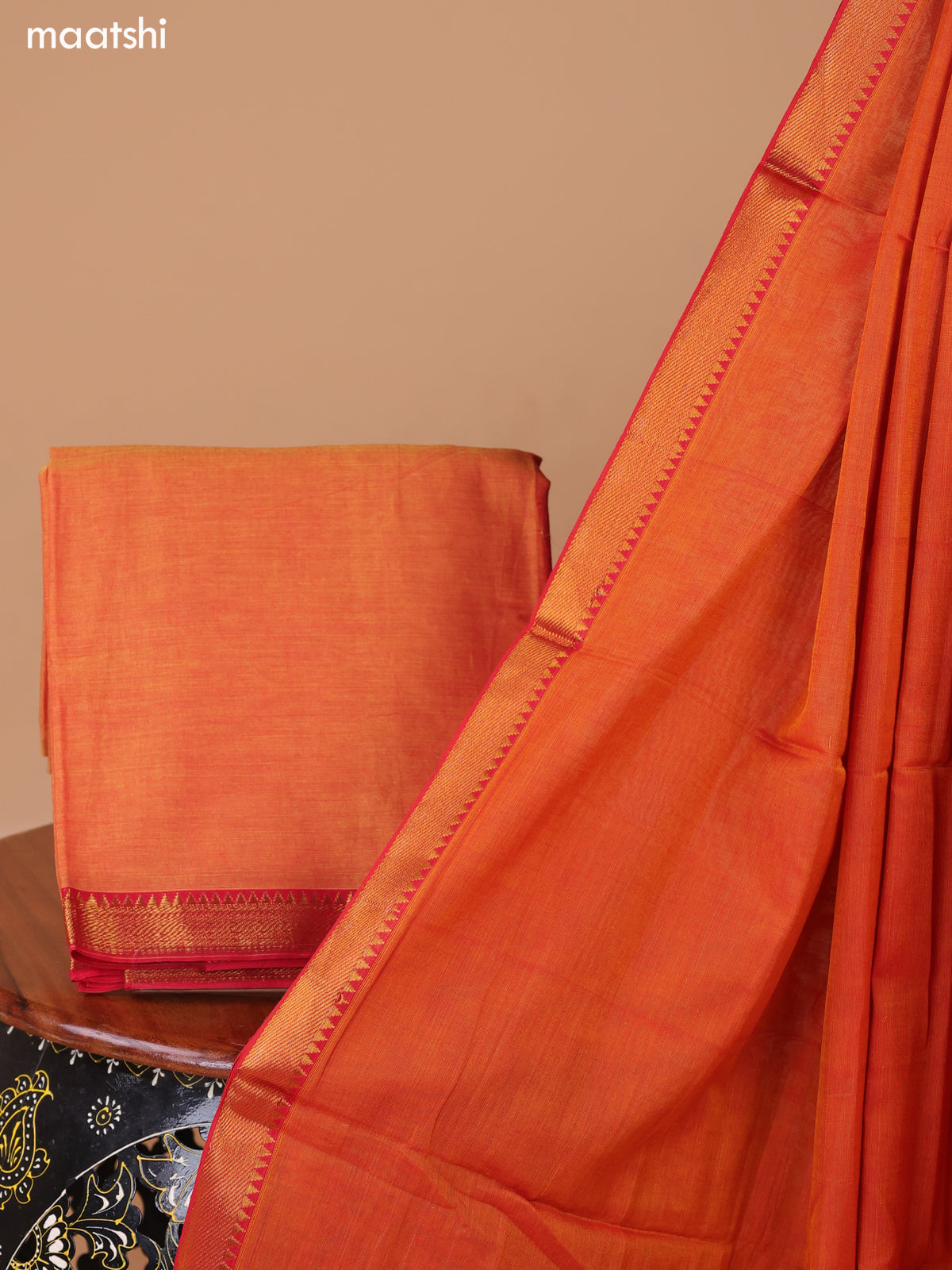 Dual Shade Of Lime Yellow and Red Narayanpet Cotton Dress Material With Plain Body & Zari Woven Border and Running Bottom & Dupatta