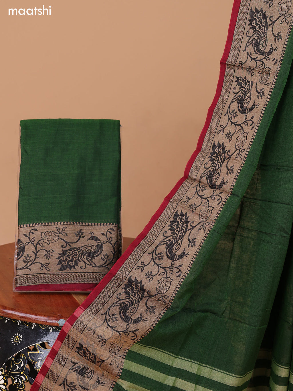 Green and Maroon Narayanpet Cotton Dress Material With Plain Body & Peacock Design Thread Woven Border and Running Bottom & Dupatta