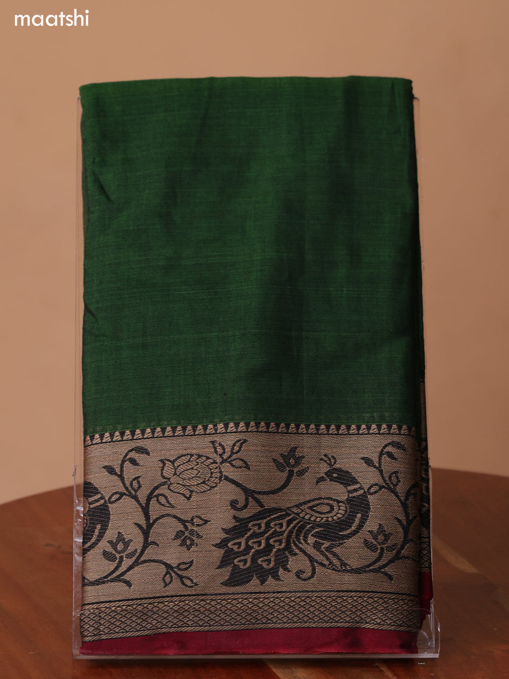 Green and Maroon Narayanpet Cotton Dress Material With Plain Body & Peacock Design Thread Woven Border and Running Bottom & Dupatta