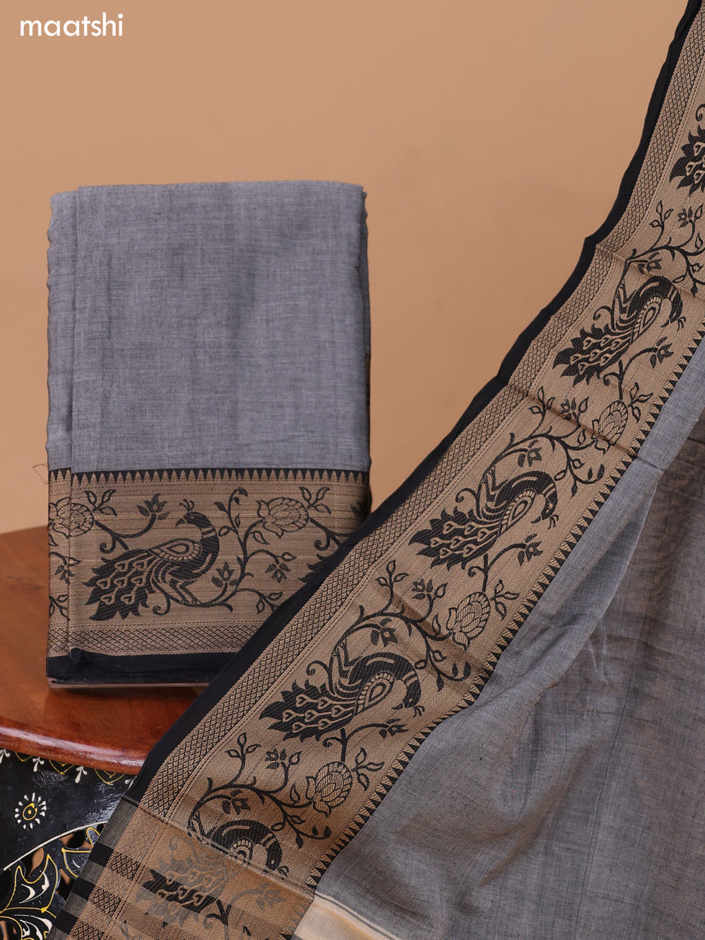 Grey and Black Narayanpet Cotton Dress Material With Plain Body & Peacock Design Thread Woven Border and Running Bottom & Dupatta