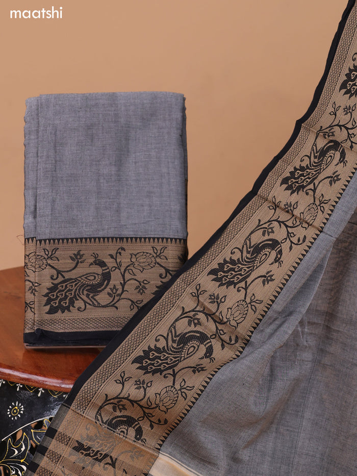 Grey and Black Narayanpet Cotton Dress Material With Plain Body & Peacock Design Thread Woven Border and Running Bottom & Dupatta
