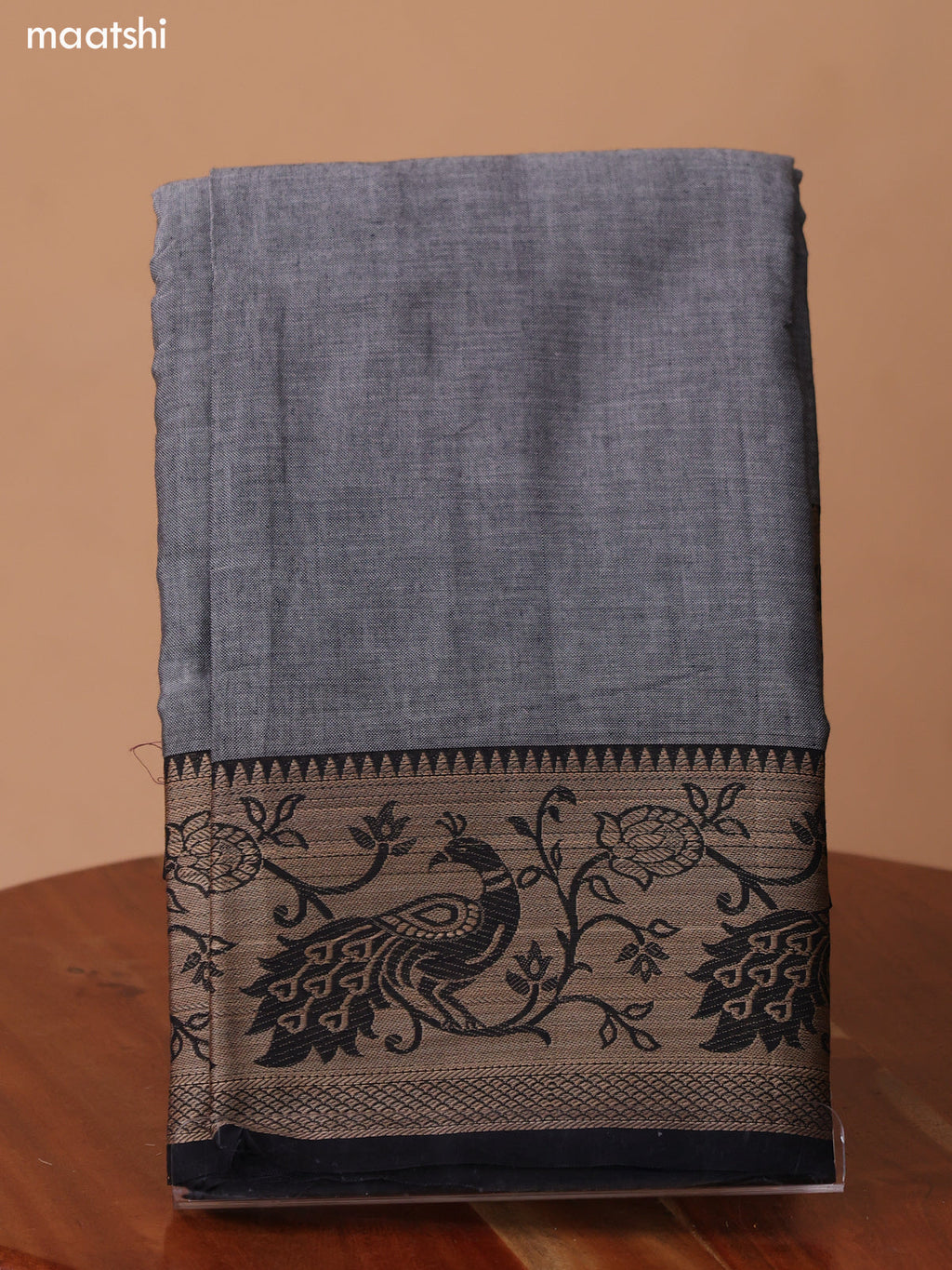 Grey and Black Narayanpet Cotton Dress Material With Plain Body & Peacock Design Thread Woven Border and Running Bottom & Dupatta