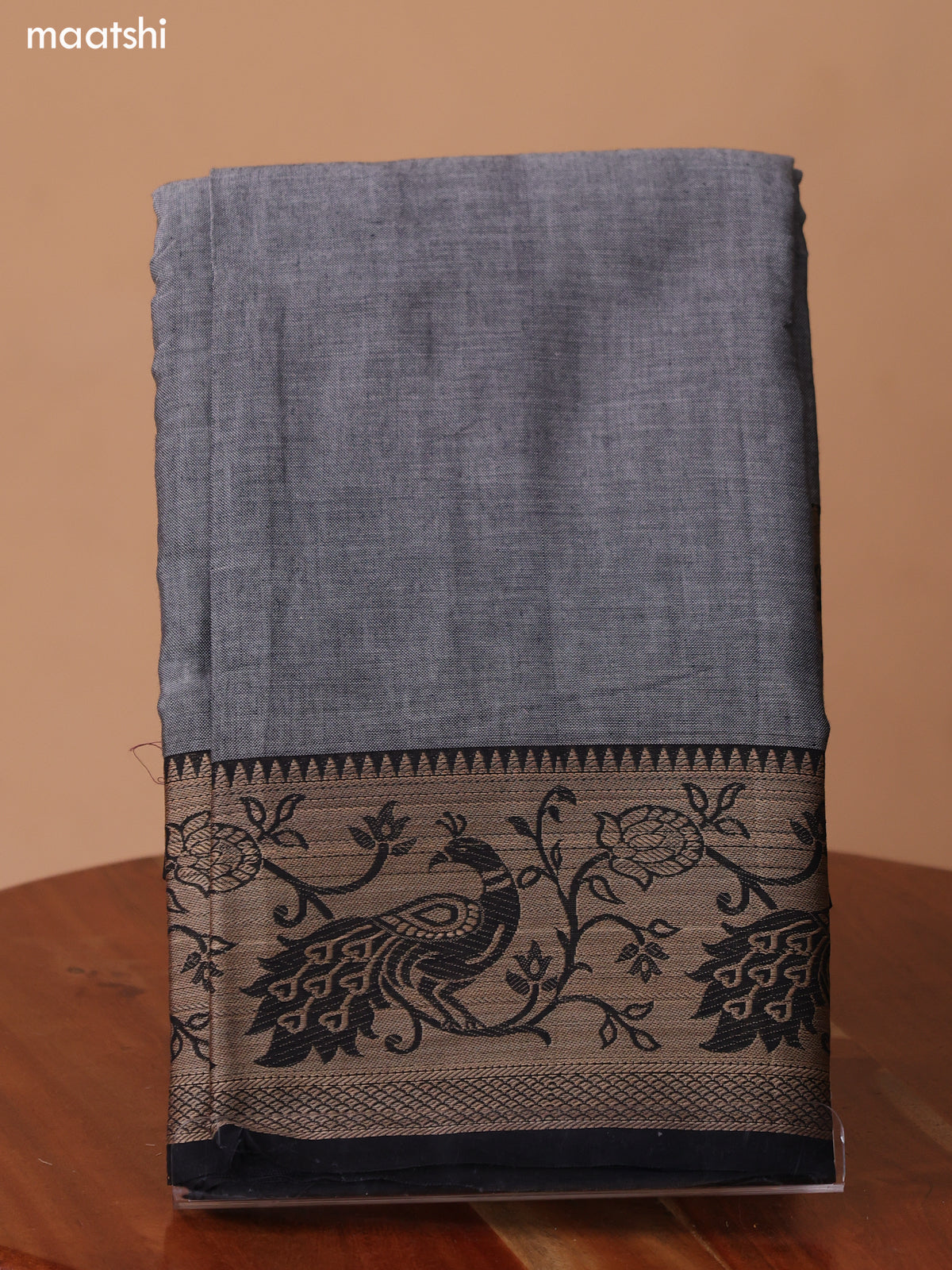 Grey and Black Narayanpet Cotton Dress Material With Plain Body & Peacock Design Thread Woven Border and Running Bottom & Dupatta