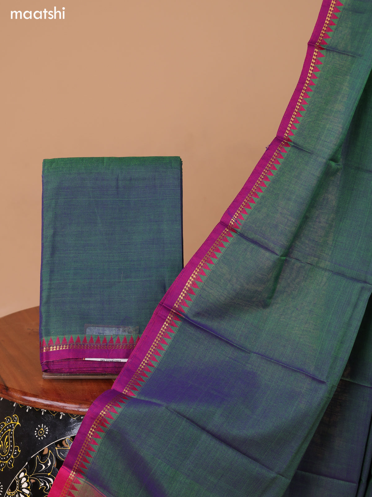 Dual Shade Of Pale Green and Purple Narayanpet Cotton Dress Material With Plain Body & Temple Design Woven Border and Running Bottom & Dupatta