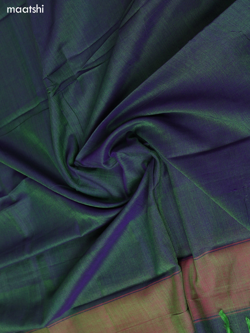 Dual Shade Of Pale Green and Purple Narayanpet Cotton Dress Material With Plain Body & Temple Design Woven Border and Running Bottom & Dupatta
