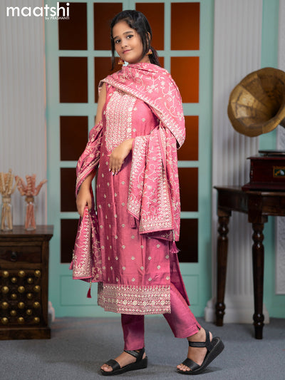 Chanderi readymade salwar suits pink with allover embroidery work buttas & sequin work neck pattern and straight cut pant & sequin work dupatta sleeve attached