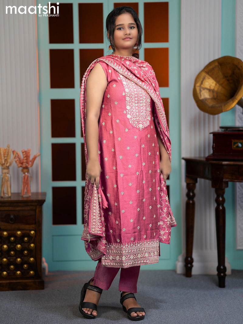 Chanderi readymade salwar suits pink with allover embroidery work buttas & sequin work neck pattern and straight cut pant & sequin work dupatta sleeve attached