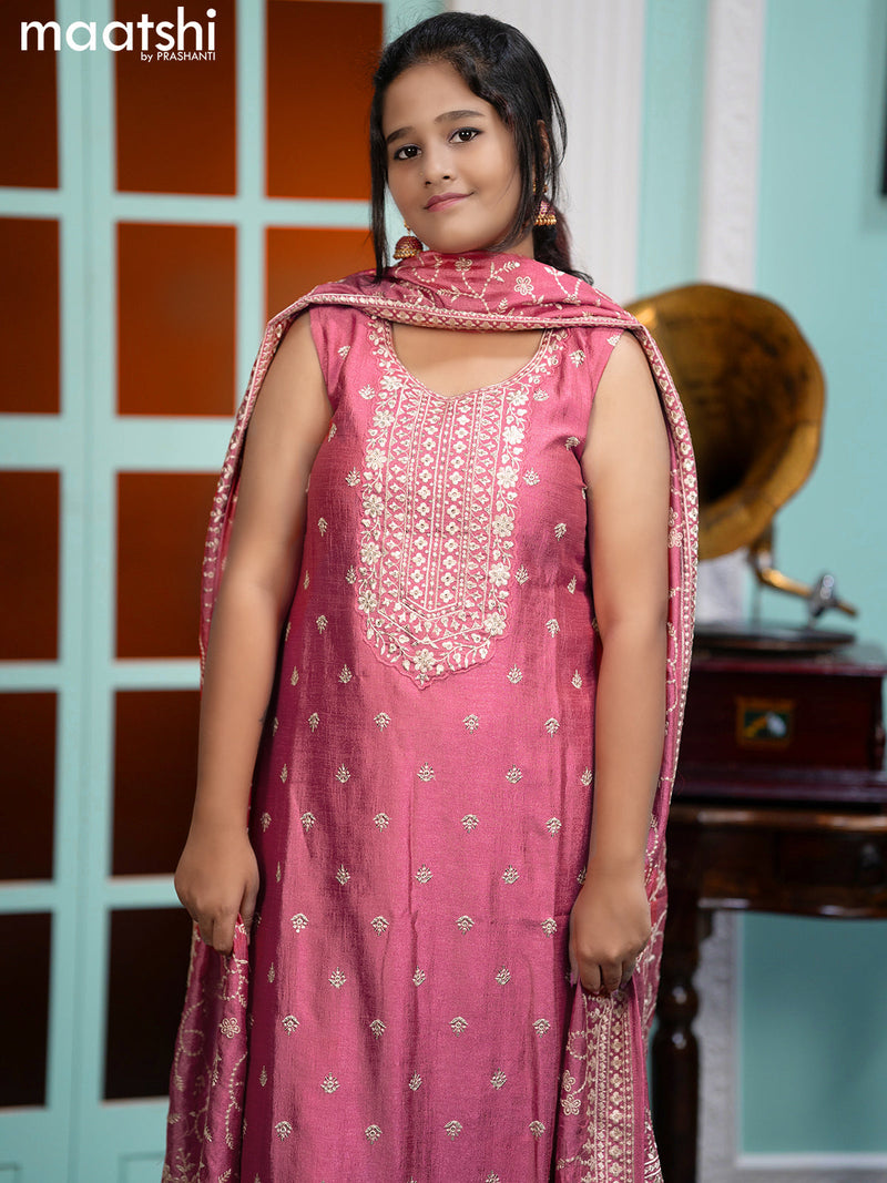 Chanderi readymade salwar suits pink with allover embroidery work buttas & sequin work neck pattern and straight cut pant & sequin work dupatta sleeve attached